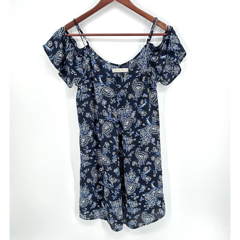 Abercrombie & Fitch Off Shoulder Navy Blue Floral Paisley Dress Women's L